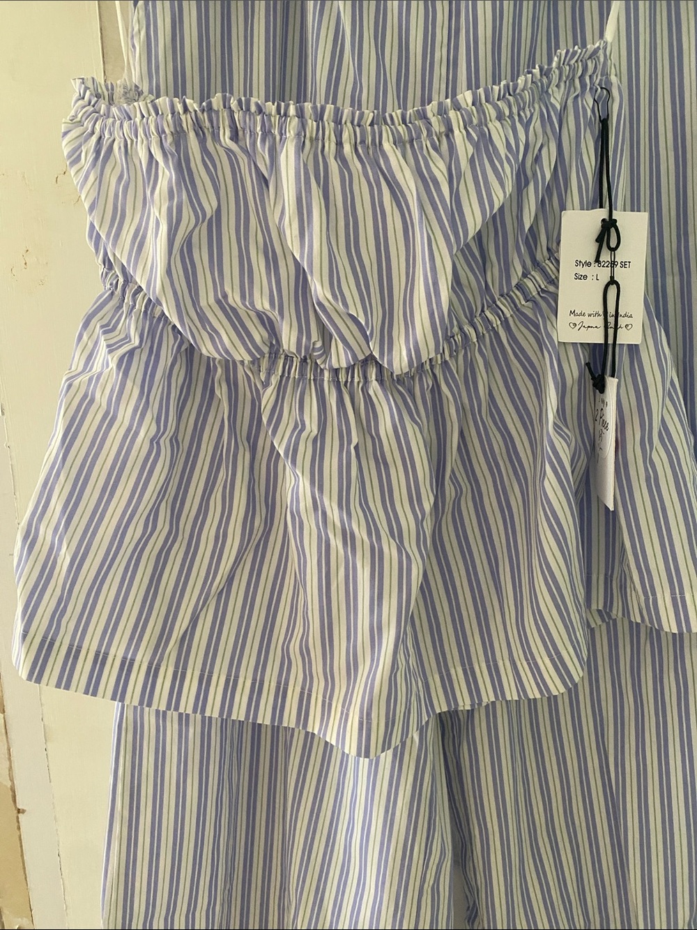 Striped blue and white Two-Piece Set - strapless Top & Wide Leg Pants - Picture 2 of 4